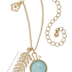 Premier Designs Gold Necklace with Blue Gem and Leaf Charm